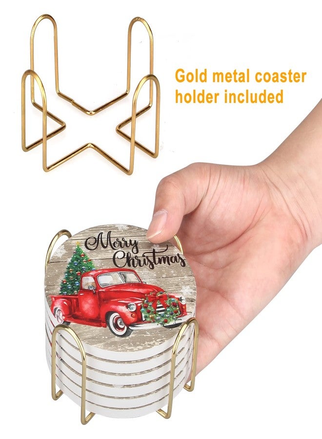 Dksyee 6 Pcs Red Truck Christmas Coasters with Holder Best Absorbent Ceramic Coaster Set Round Vintage Drink Christmas Coasters Gift Xmas Holiday Coffee Table Cup Coaster for Festival, Decor, Living Room - Image 3